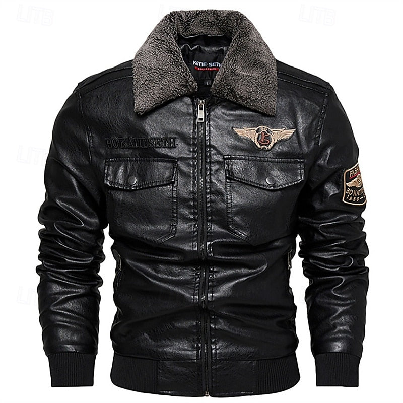 Faux Leather Bomber Jacket Men's Brown Fleece Collar Aviator Coat – Casual, Winter, Gift