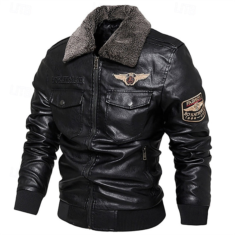 Faux Leather Bomber Jacket Men's Brown Fleece Collar Aviator Coat – Casual, Winter, Gift