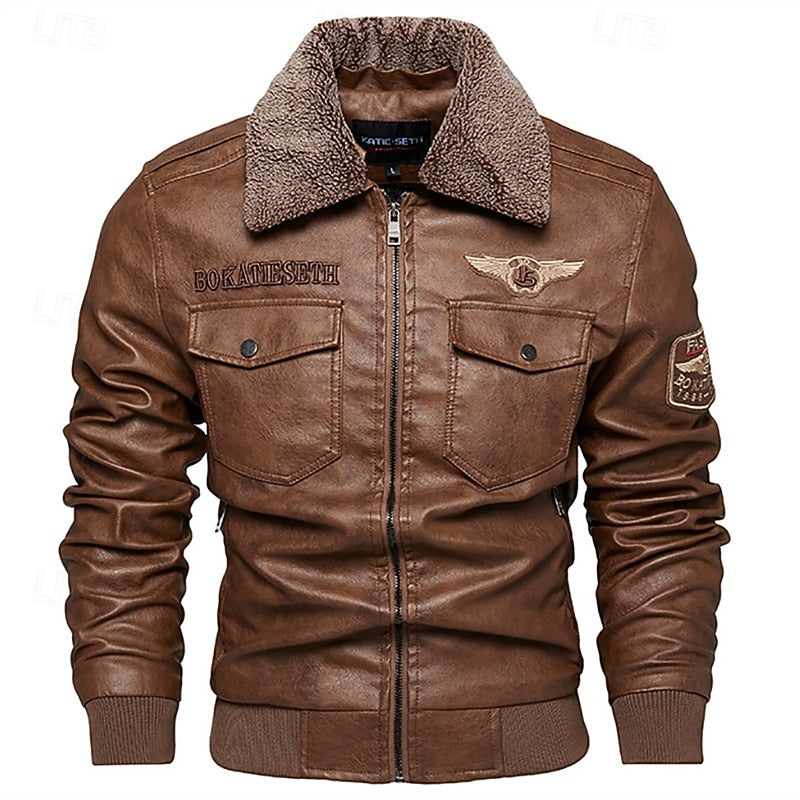 Faux Leather Bomber Jacket Men's Brown Fleece Collar Aviator Coat – Casual, Winter, Gift