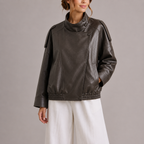 Faux Leather Bomber Jacket Women's Brown High Collar Oversized – Casual, Office, Holiday, Gift