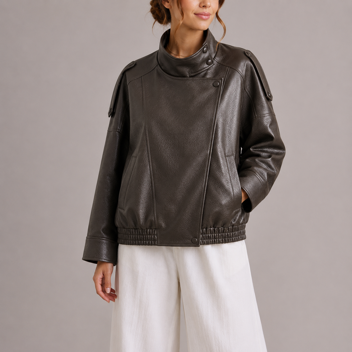 Faux Leather Bomber Jacket Women's Brown High Collar Oversized – Casual, Office, Holiday, Gift