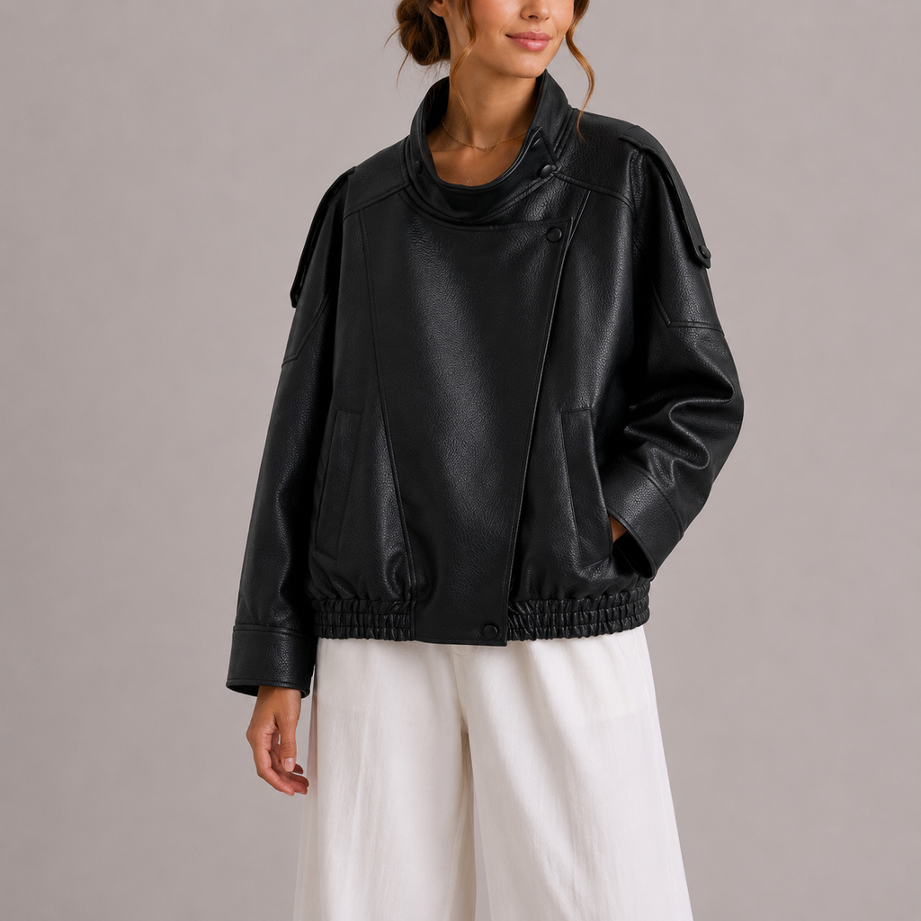 Faux Leather Bomber Jacket Women's Brown High Collar Oversized – Casual, Office, Holiday, Gift