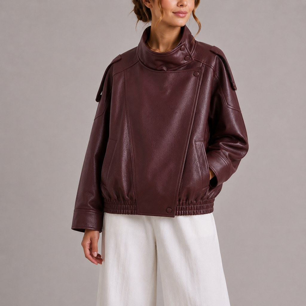 Faux Leather Bomber Jacket Women's Brown High Collar Oversized – Casual, Office, Holiday, Gift