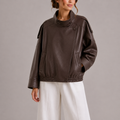 Faux Leather Bomber Jacket Women's Brown High Collar Oversized – Casual, Office, Holiday, Gift