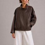 Faux Leather Bomber Jacket Women's Brown High Collar Oversized – Casual, Office, Holiday, Gift