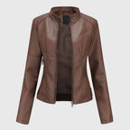 Faux Leather Jacket Black Women's Slim Fit Stand Collar Zip-Up – Casual, Office, Holiday