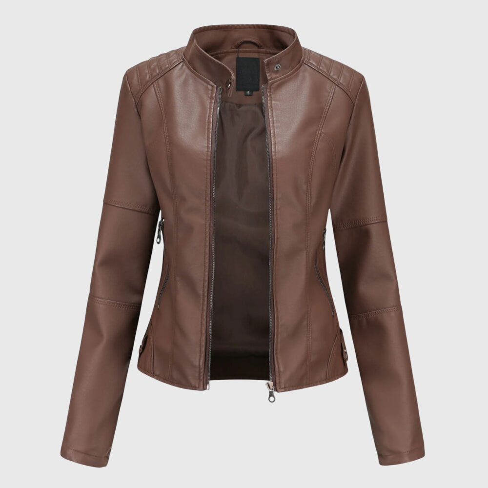 Faux Leather Jacket Black Women's Slim Fit Stand Collar Zip-Up – Casual, Office, Holiday