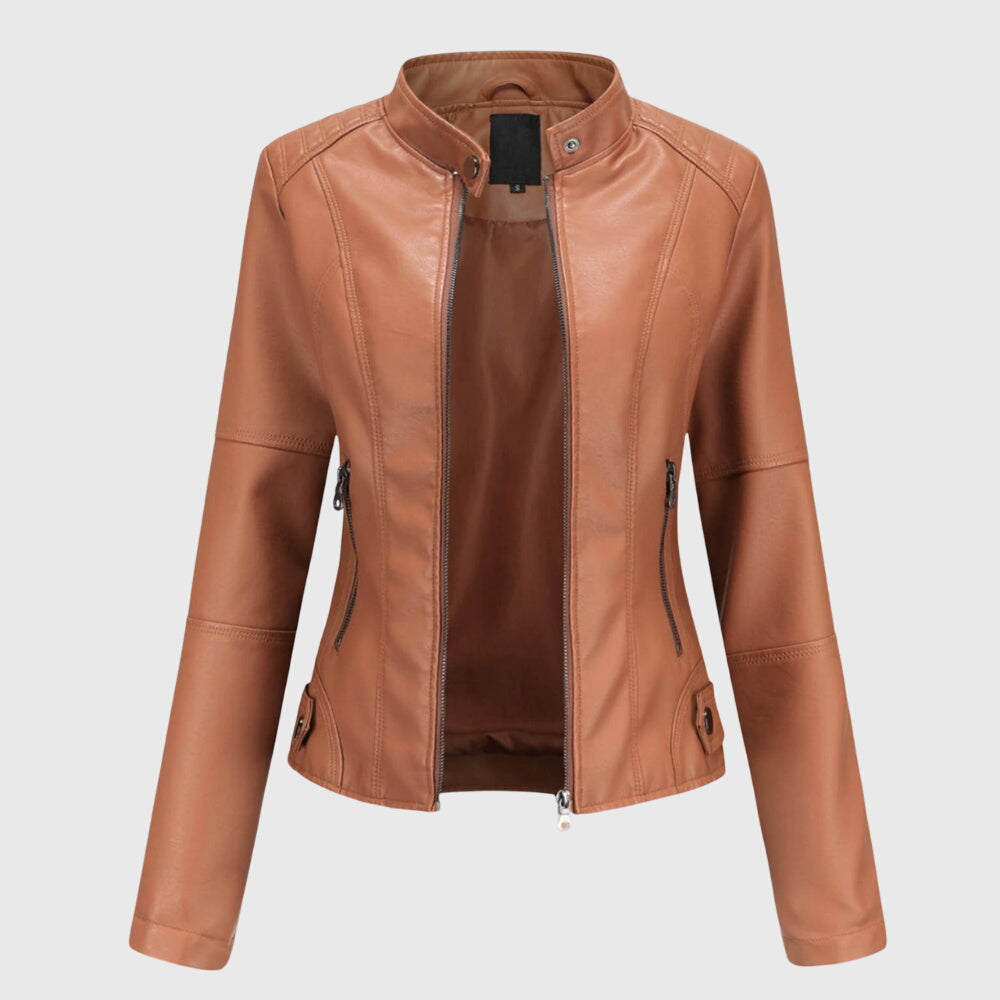 Faux Leather Jacket Black Women's Slim Fit Stand Collar Zip-Up – Casual, Office, Holiday