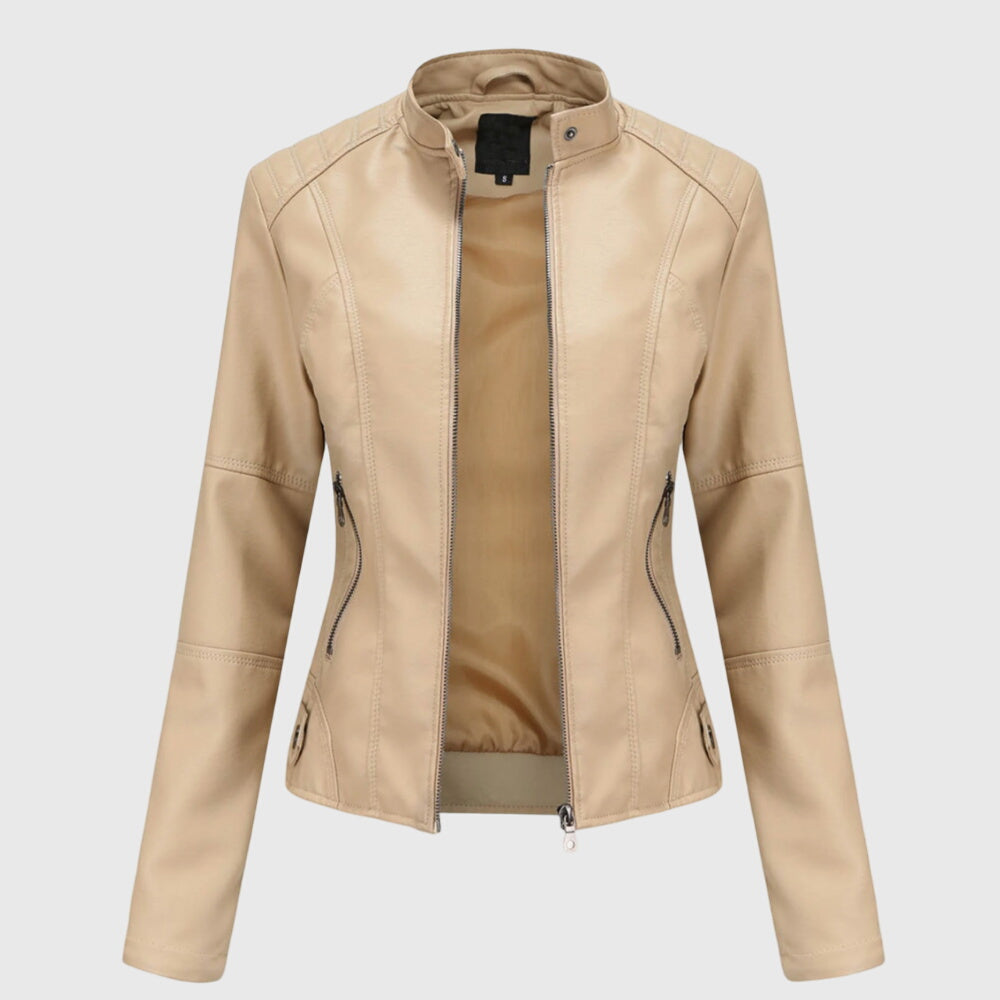 Faux Leather Jacket Black Women's Slim Fit Stand Collar Zip-Up – Casual, Office, Holiday