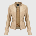 Faux Leather Jacket Black Women's Slim Fit Stand Collar Zip-Up – Casual, Office, Holiday