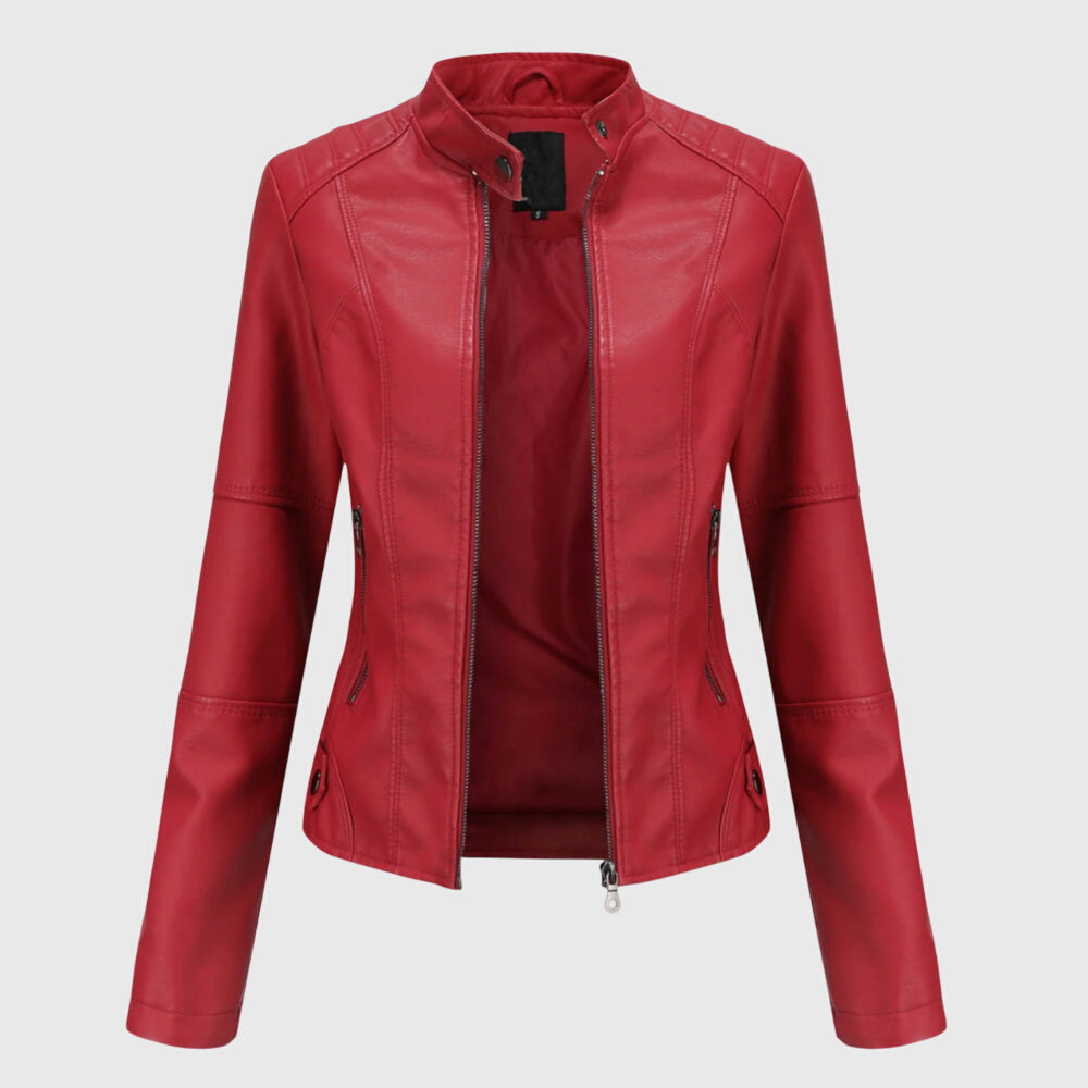 Faux Leather Jacket Black Women's Slim Fit Stand Collar Zip-Up – Casual, Office, Holiday