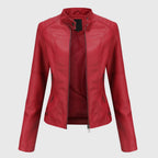Faux Leather Jacket Black Women's Slim Fit Stand Collar Zip-Up – Casual, Office, Holiday