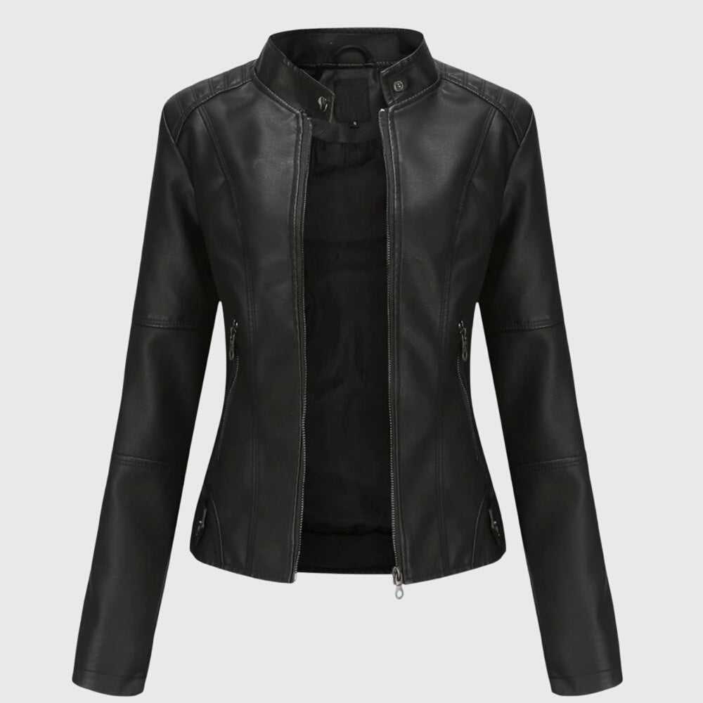 Faux Leather Jacket Black Women's Slim Fit Stand Collar Zip-Up – Casual, Office, Holiday