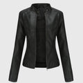 Faux Leather Jacket Black Women's Slim Fit Stand Collar Zip-Up – Casual, Office, Holiday