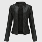 Faux Leather Jacket Black Women's Slim Fit Stand Collar Zip-Up – Casual, Office, Holiday