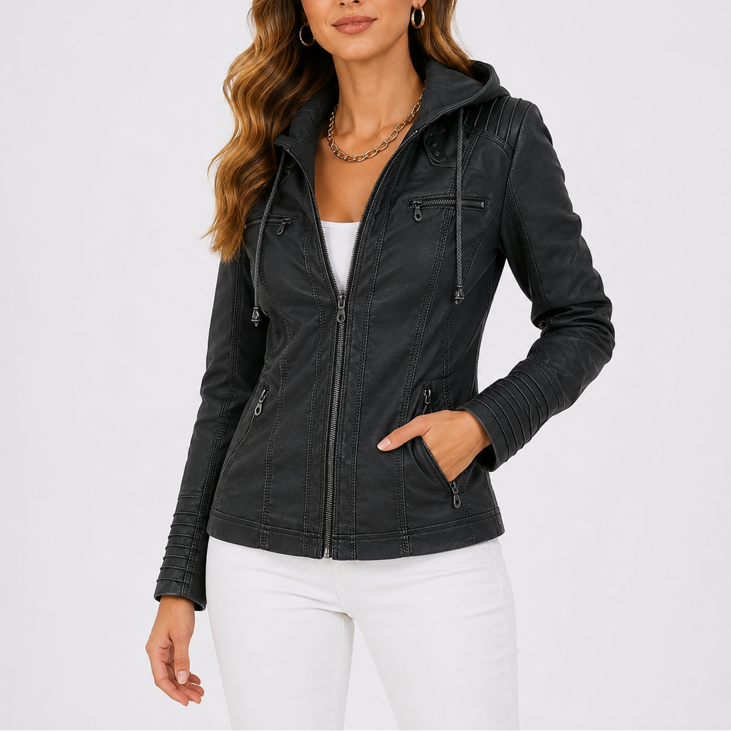Faux Leather Jacket Women's Hooded Brown Zip Pockets – Casual, Everyday Outerwear