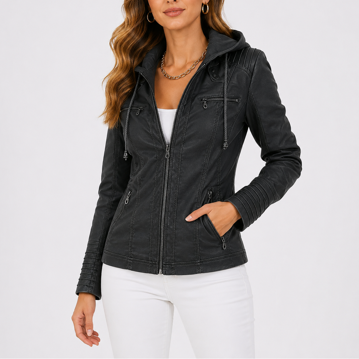 Faux Leather Jacket Women's Hooded Brown Zip Pockets – Casual, Everyday Outerwear