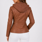 Faux Leather Jacket Women's Hooded Brown Zip Pockets – Casual, Everyday Outerwear