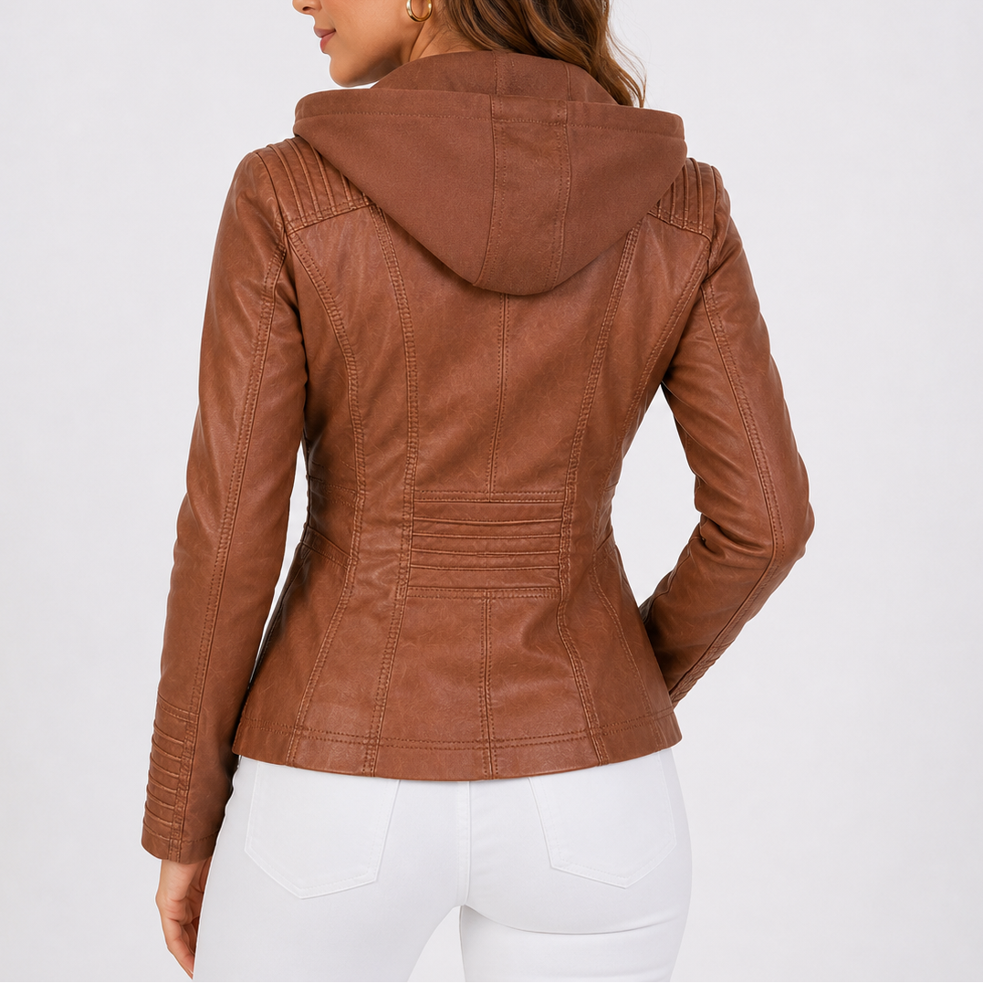 Faux Leather Jacket Women's Hooded Brown Zip Pockets – Casual, Everyday Outerwear
