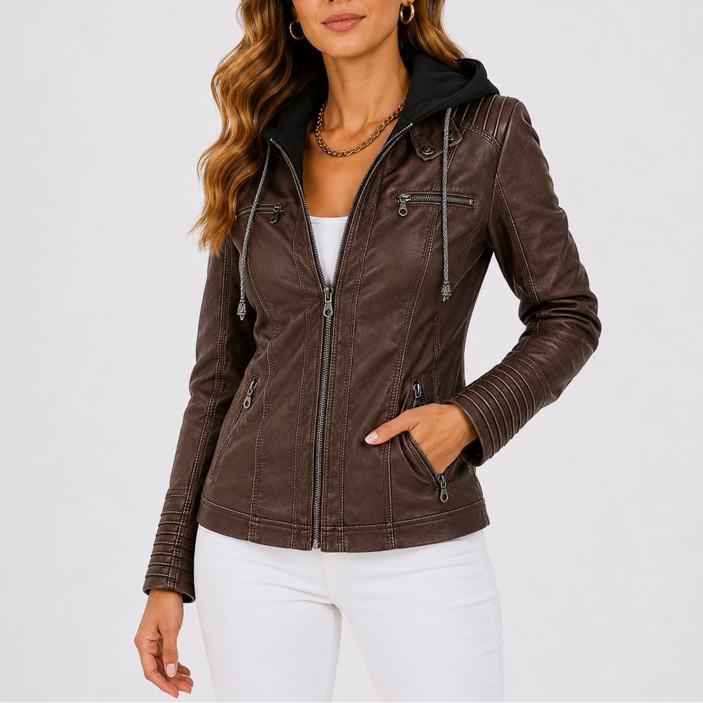 Faux Leather Jacket Women's Hooded Brown Zip Pockets – Casual, Everyday Outerwear