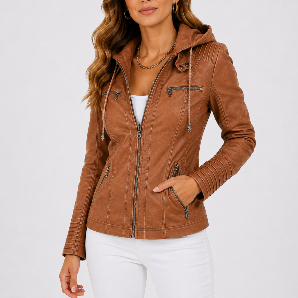 Faux Leather Jacket Women's Hooded Brown Zip Pockets – Casual, Everyday Outerwear
