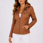 Faux Leather Jacket Women's Hooded Brown Zip Pockets – Casual, Everyday Outerwear