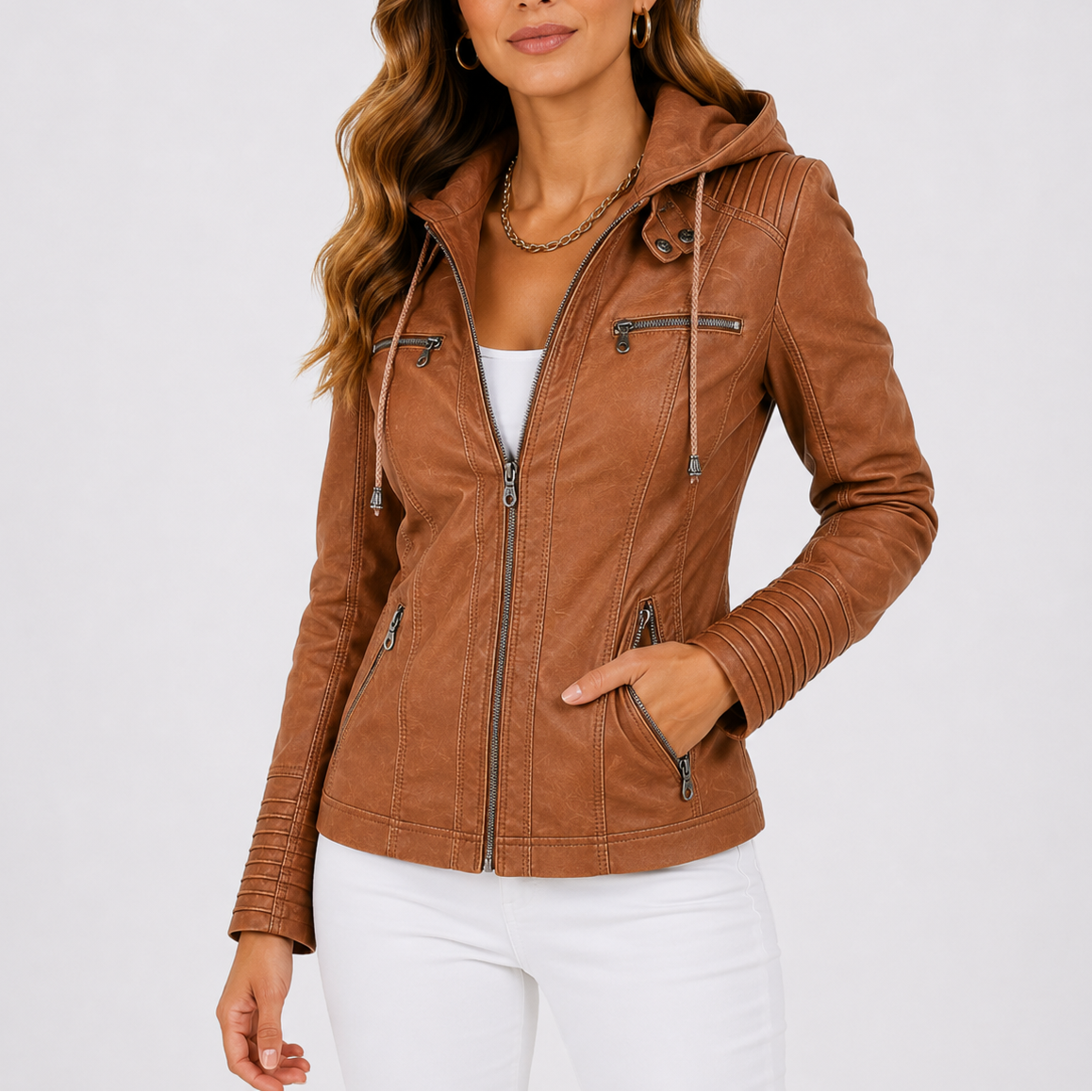 Faux Leather Jacket Women's Hooded Brown Zip Pockets – Casual, Everyday Outerwear