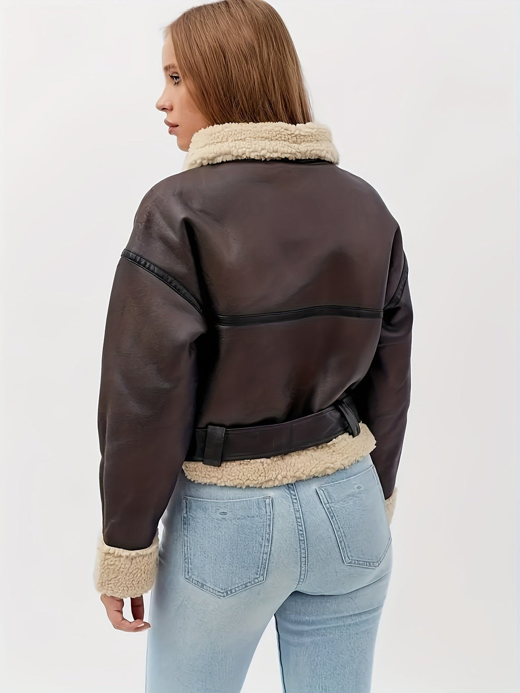 Faux Leather Moto Jacket Fleece-Lined Brown Women's Belted Zip-Up – Casual, Winter Outerwear