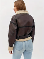 Faux Leather Moto Jacket Sherpa-Lined Women's Brown Belted Zip-Up – Casual, Winter, Office