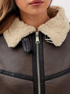 Faux Leather Moto Jacket Sherpa-Lined Women's Brown Belted Zip-Up – Casual, Winter, Office