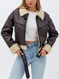 Faux Leather Moto Jacket Sherpa-Lined Women's Brown Belted Zip-Up – Casual, Winter, Office