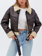 Faux Leather Moto Jacket Sherpa-Lined Women's Brown Belted Zip-Up – Casual, Winter, Office
