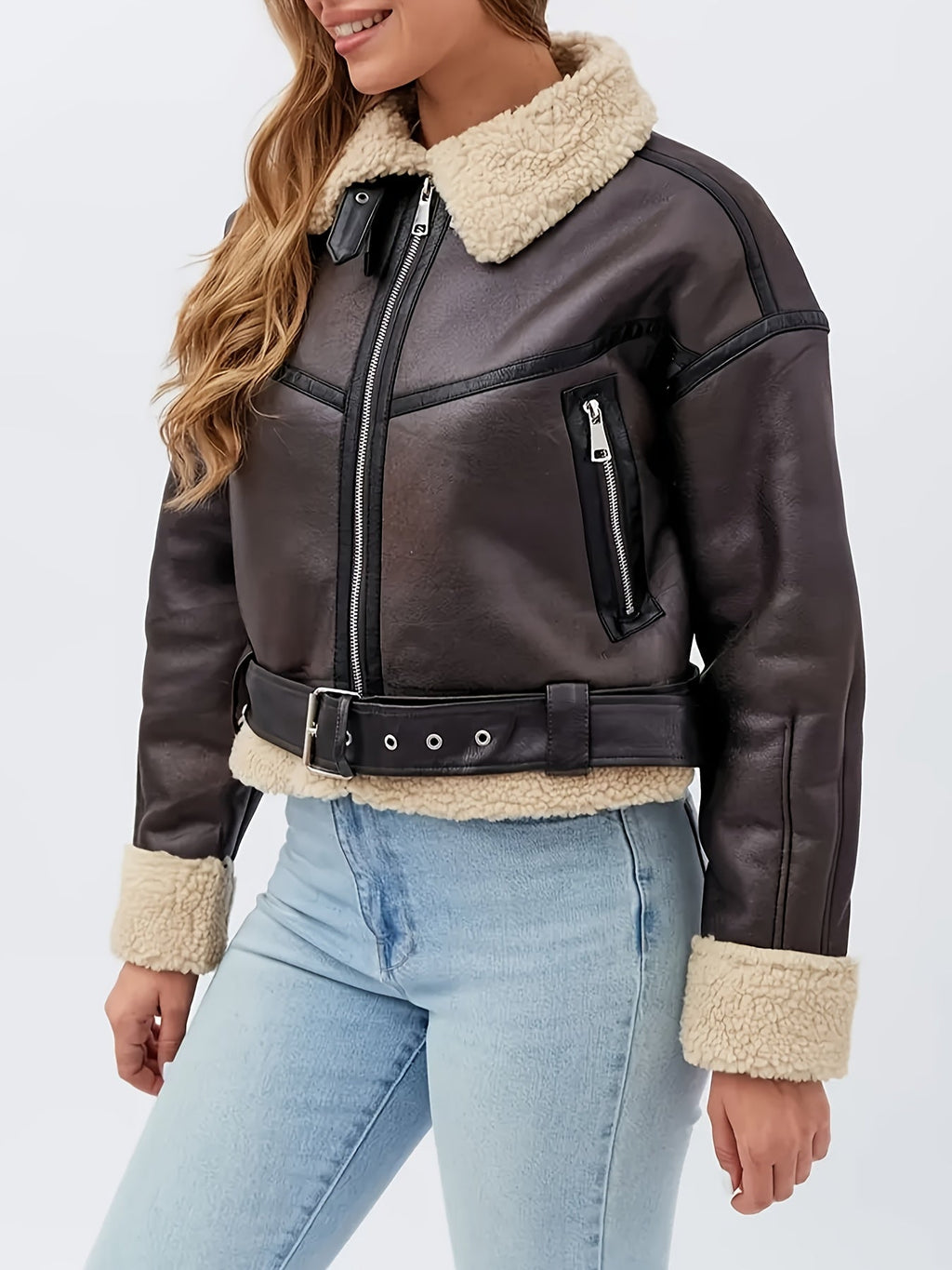 Faux Leather Moto Jacket Sherpa-Lined Women's Brown Belted Zip-Up – Casual, Winter, Office
