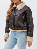 Faux Leather Moto Jacket Sherpa-Lined Women's Brown Belted Zip-Up – Casual, Winter, Office
