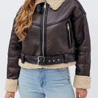 Faux Leather Moto Jacket Sherpa-Lined Women's Brown Belted Zip-Up – Casual, Winter, Office