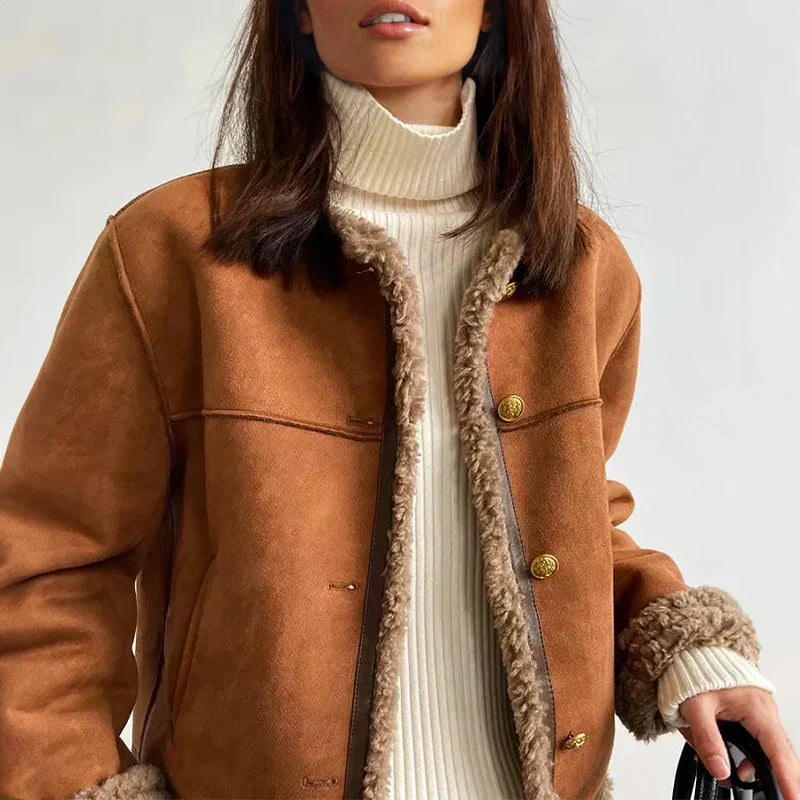 Faux Suede Shearling Jacket Women's Brown Fleece-Lined Short Coat – Casual, Winter Office Outerwear