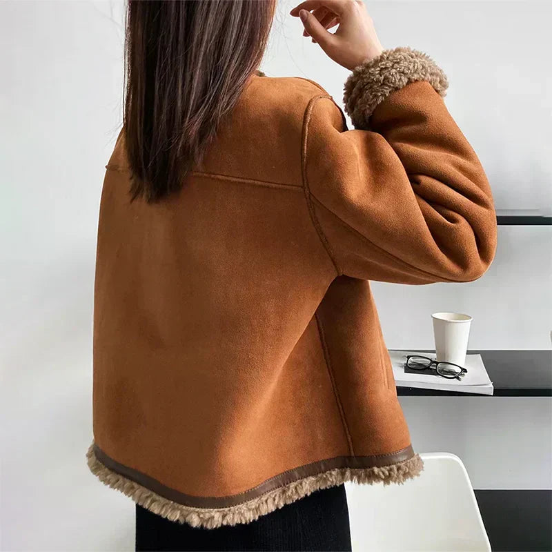 Faux Suede Shearling Jacket Women's Brown Fleece-Lined Short Coat – Casual, Winter Office Outerwear