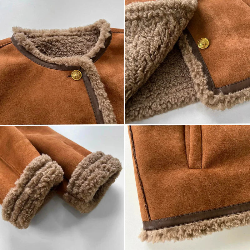 Faux Suede Shearling Jacket Women's Brown Fleece-Lined Short Coat – Casual, Winter Office Outerwear