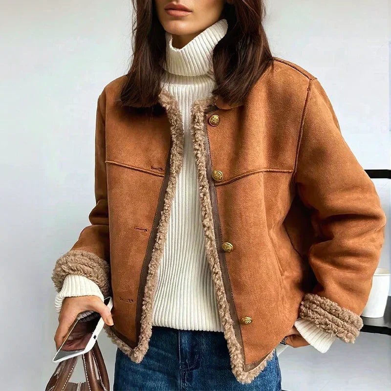 Faux Suede Shearling Jacket Women's Brown Fleece-Lined Short Coat – Casual, Winter Office Outerwear
