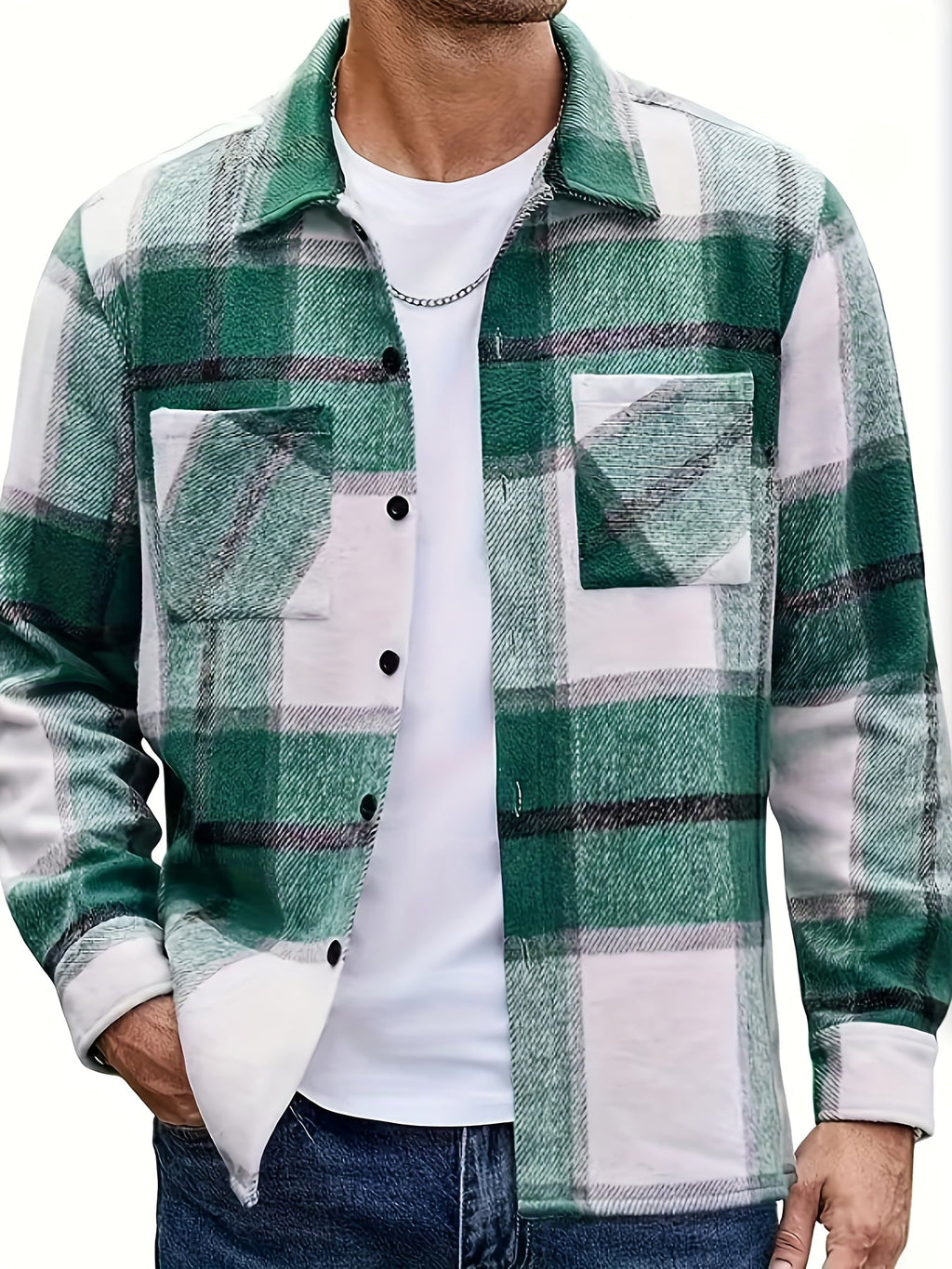 Flannel Overshirt Green Check Men's Long Sleeve Button-Up Shacket – Casual, Autumn Layering