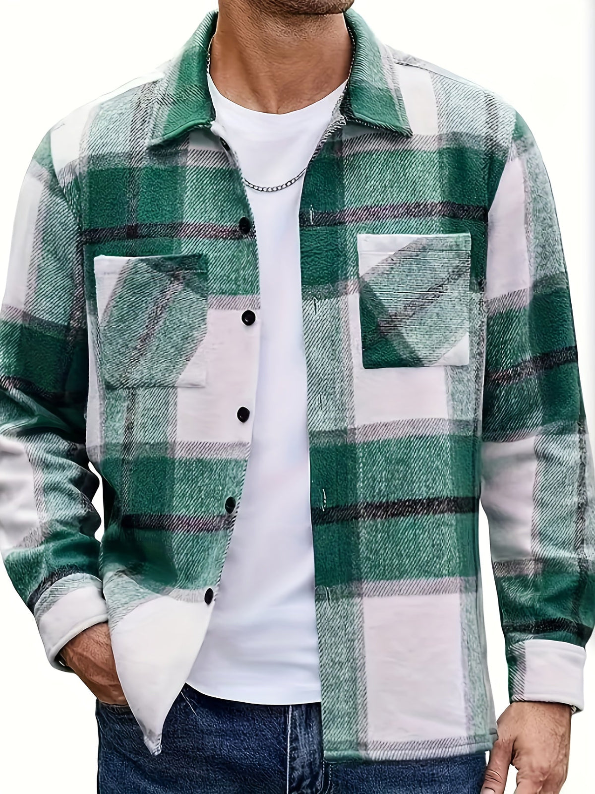 Flannel Overshirt Green Check Men's Long Sleeve Button-Up Shacket – Casual, Autumn Layering