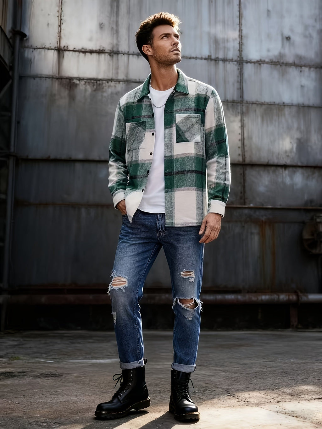 Flannel Overshirt Green Check Men's Long Sleeve Button-Up Shacket – Casual, Autumn Layering