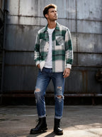 Flannel Overshirt Green Check Men's Long Sleeve Button-Up Shacket – Casual, Autumn Layering