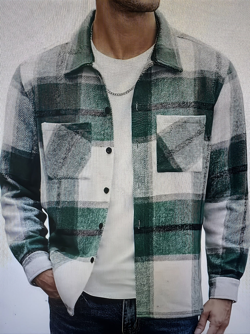 Flannel Overshirt Green Check Men's Long Sleeve Button-Up Shacket – Casual, Autumn Layering