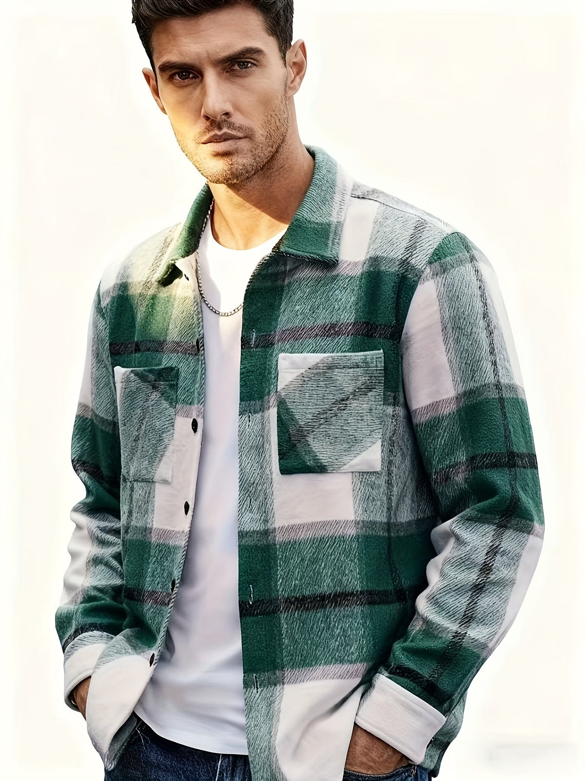 Flannel Overshirt Green Check Men's Long Sleeve Button-Up Shacket – Casual, Autumn Layering