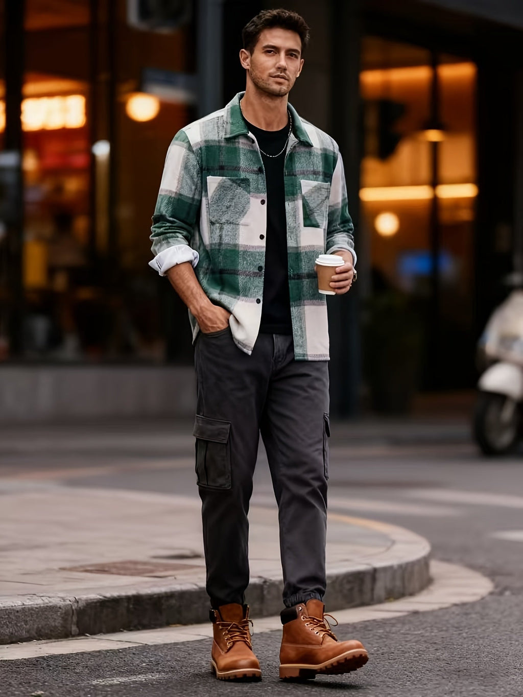 Flannel Overshirt Green Check Men's Long Sleeve Button-Up Shacket – Casual, Autumn Layering