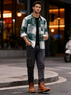 Flannel Overshirt Green Check Men's Long Sleeve Button-Up Shacket – Casual, Autumn Layering