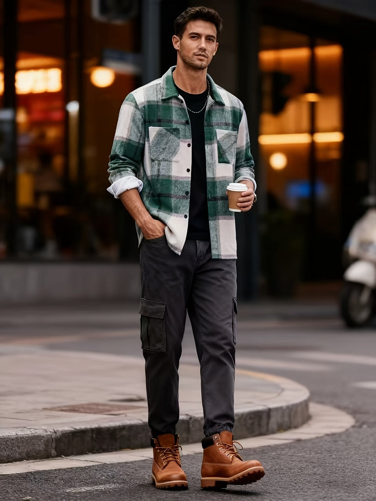 Flannel Overshirt Green Check Men's Long Sleeve Button-Up Shacket – Casual, Autumn Layering