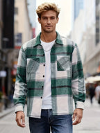Flannel Overshirt Green Check Men's Long Sleeve Button-Up Shacket – Casual, Autumn Layering