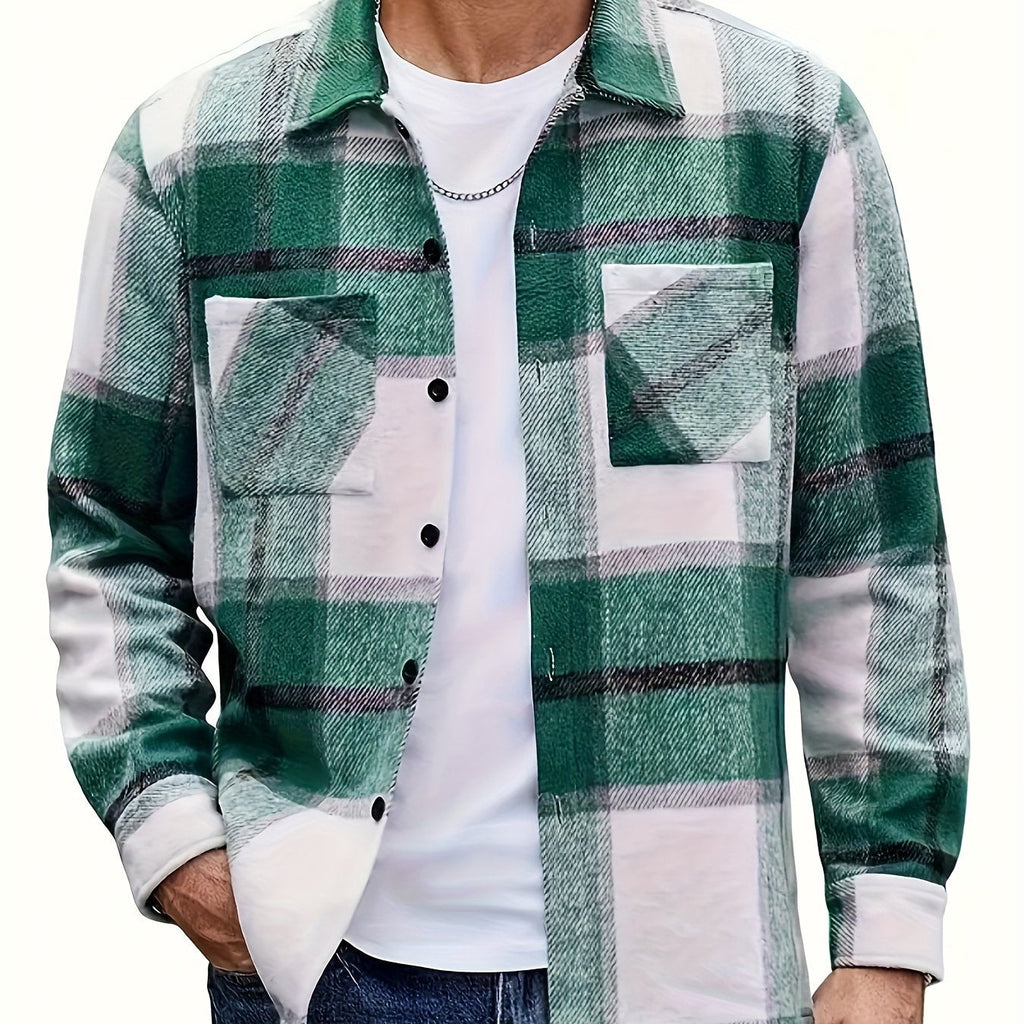 Flannel Overshirt Green Check Men's Long Sleeve Button-Up Shacket – Casual, Autumn Layering
